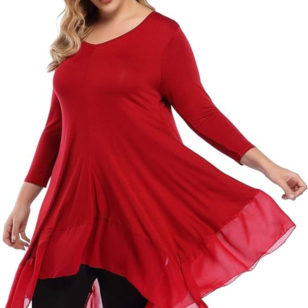 Amz Plus Womens Plus Size Irregular Hem Long Sleeve Loose Shirt Dress Top Red Lo